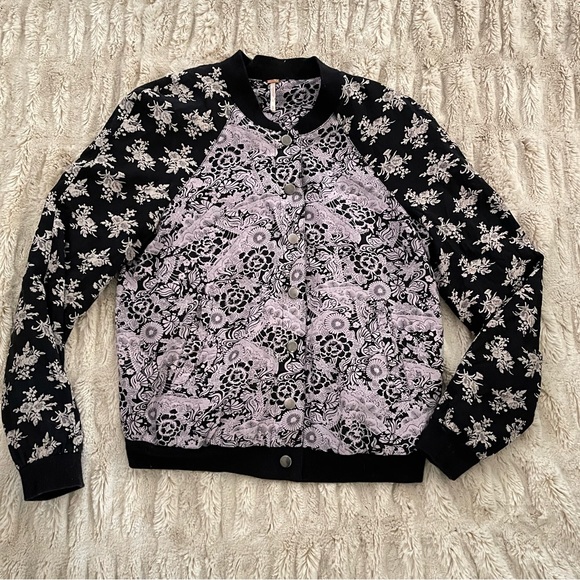Free People Black Floral Snap Bomber Jacket. - Picture 2 of 14